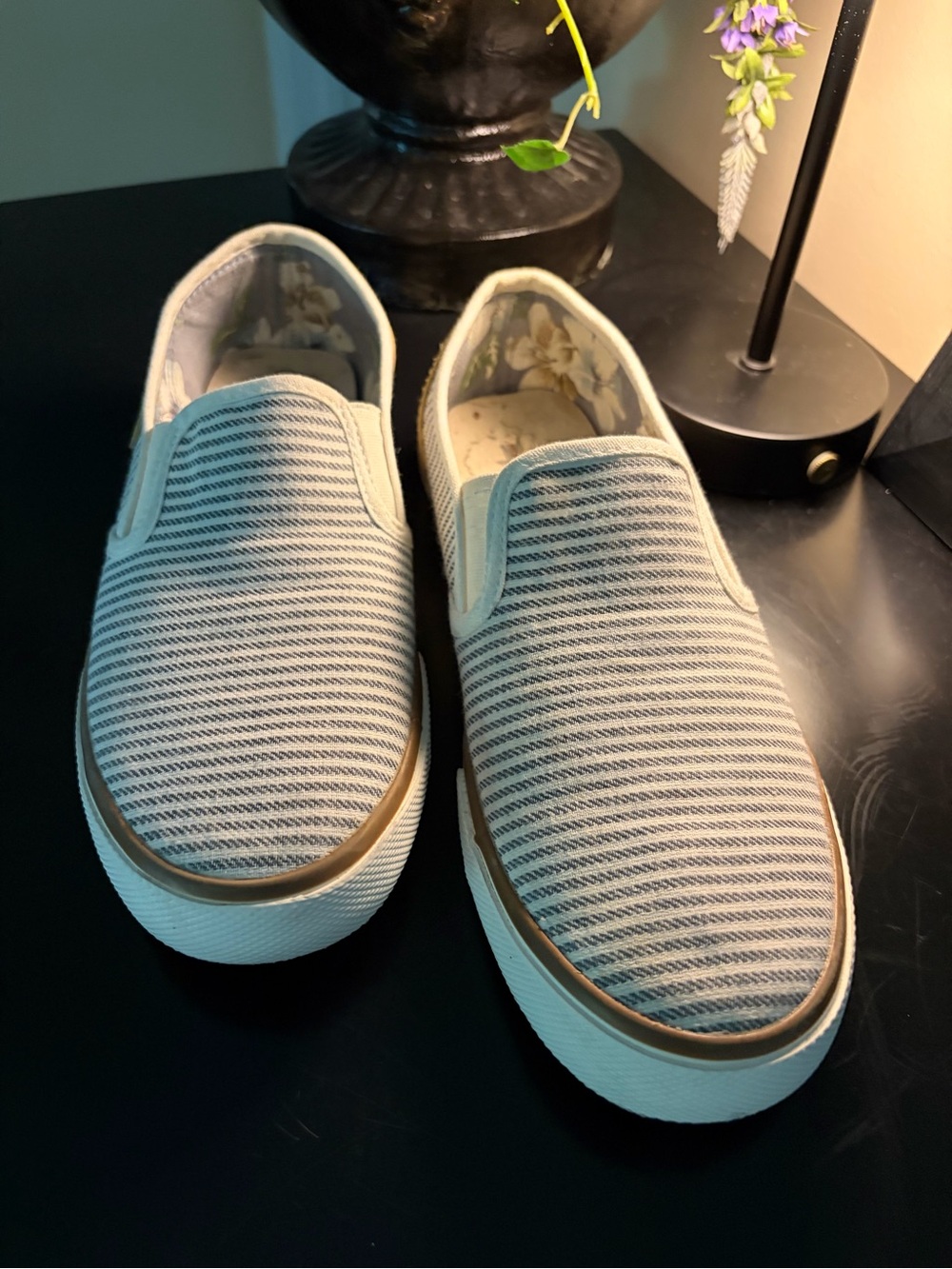 Tommy Bahama Striped Slip-On Sneakers in Light Blue and White with Gold Trim